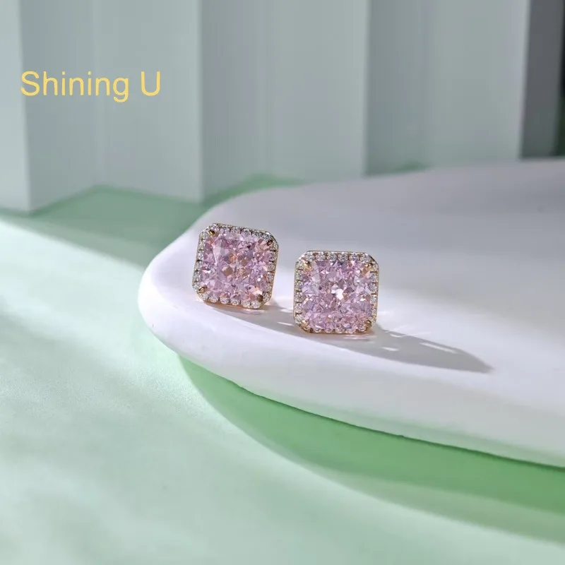 

Серьги-гвоздики Shining U из стерлингового серебра 925 пробы с розовыми квадратными камнями 3 карата и высокоуглеродистыми бриллиантами для женщин, изысканные ювелирные изделия, весенняя коллекция
