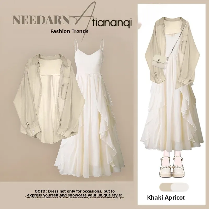 Summer Lightweight Sun Protection Shirt Outerwear with 2026 New Uneven Break Tea Dress Set Women's Fashion Set Midi Length Sl...