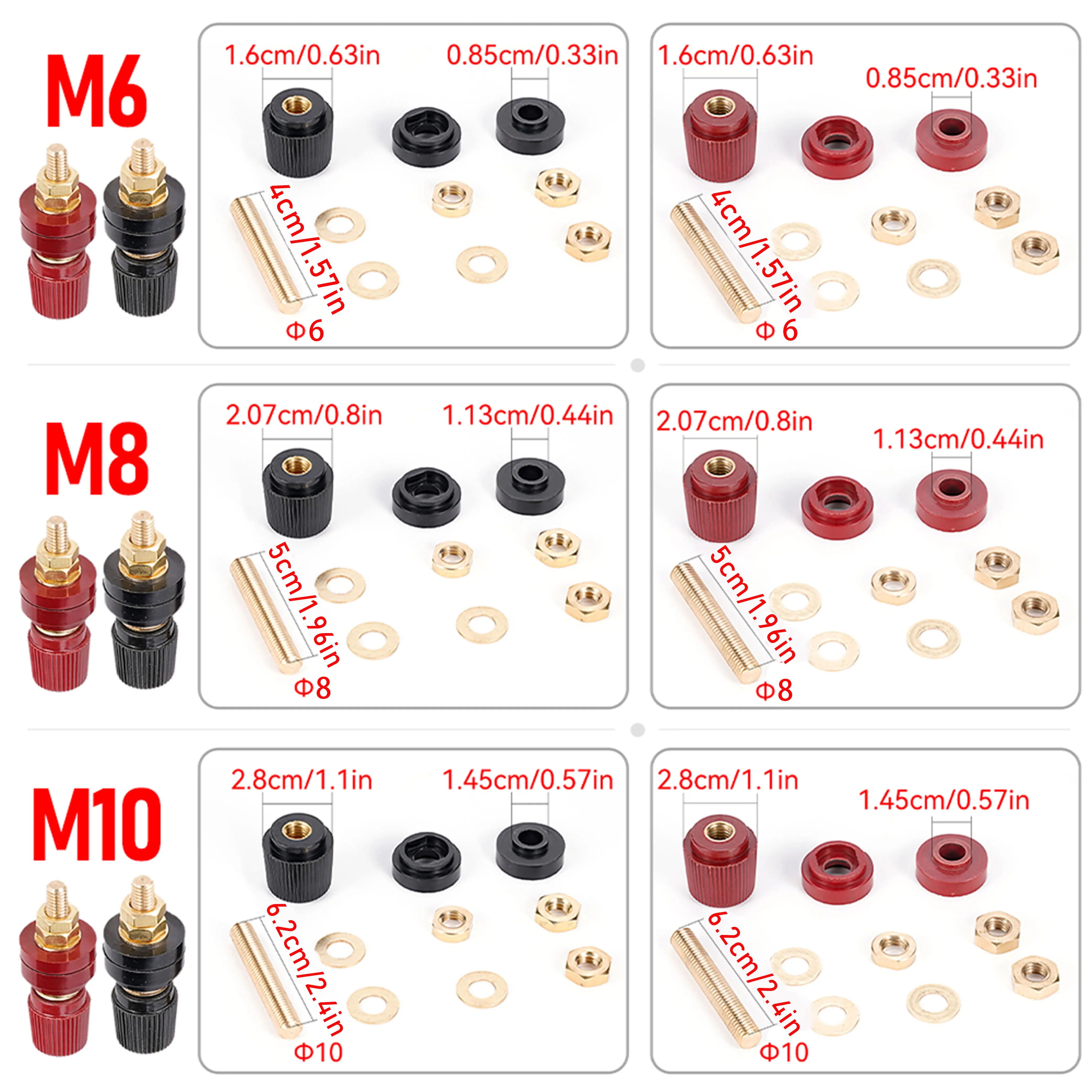 333 555 시리즈 고전류 순수 구리 터미널 리튬 배터리 인버터 와이어 볼트, M5 M6 M8 M10 나사 나사, 레드 블랙, 2 개