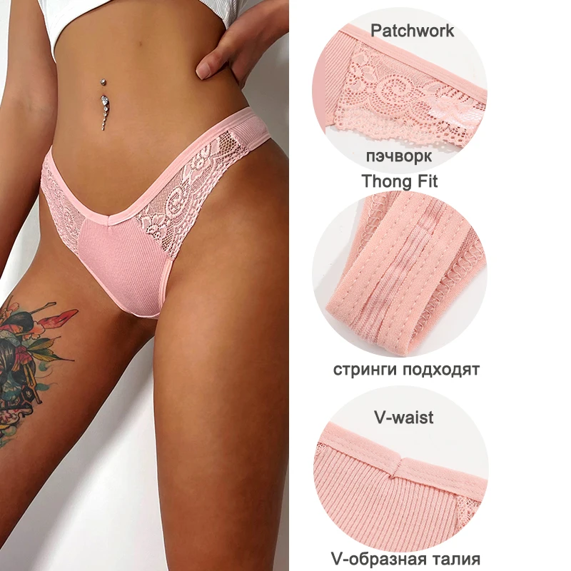 FINETOO 4PCS/Set Sexy V-Waist Women Cotton G-string S-XL Lace Lingerie Panties Thongs Femme Underwear Girls Underpant Intimates