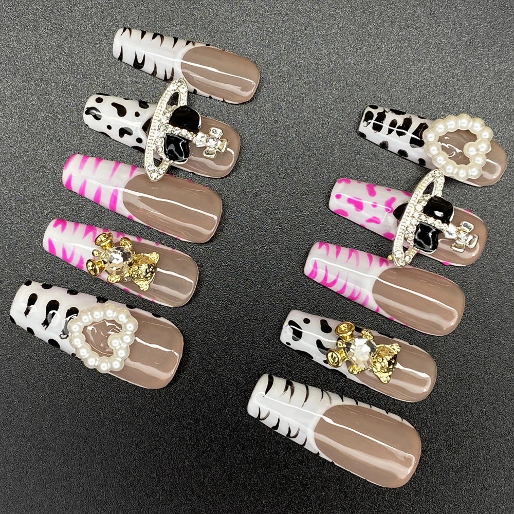 Hand Paint Y2K French Short Acrylic False Nail 10PCS Popular Decoration Glossy Unique Design Press On Nails Party Christmas Wear