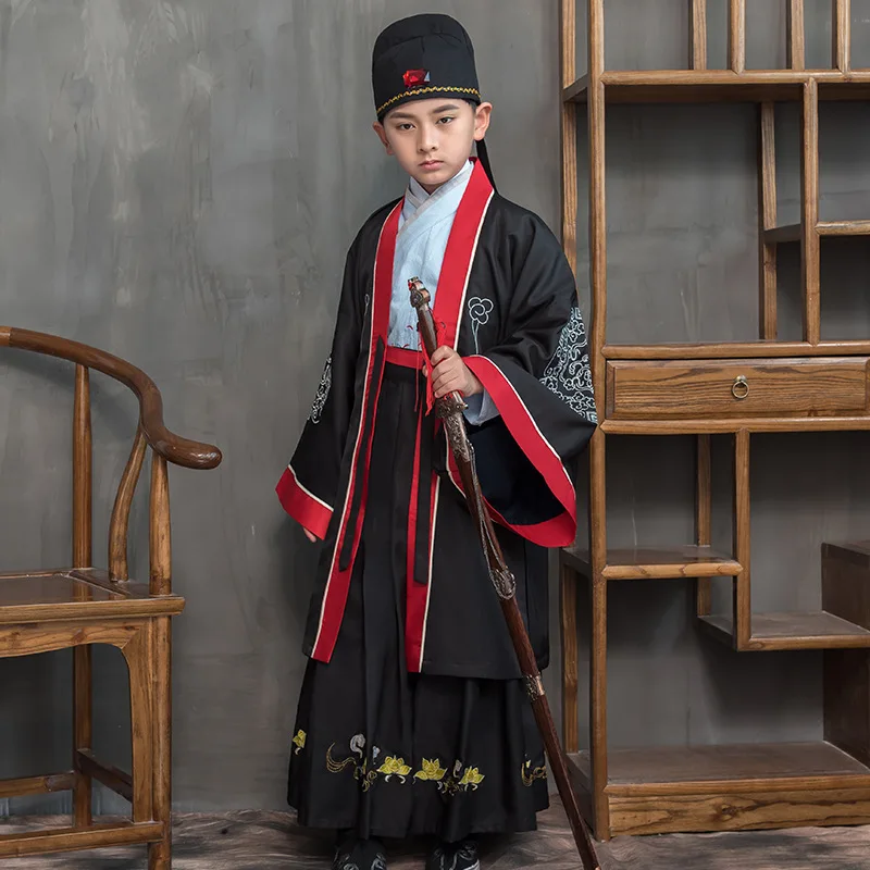 Boys Autumn New Chinese Style Traditional Embroidery Cloak Hanfu Children Cotton Ancient Coat Cape Role Play Costume Mantle