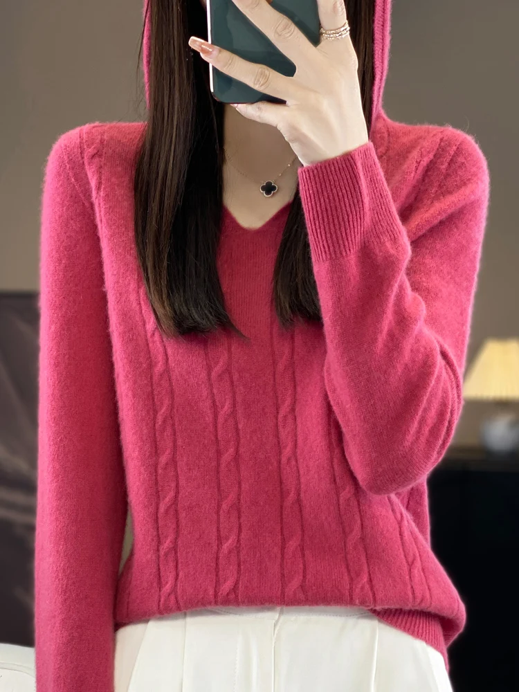 Women 100% Merino Wool Sweater For Autumn Winter Hooded Collar Thick Pullover Long Sleeve Cashmere Knitwear Fashion Twisted Tops