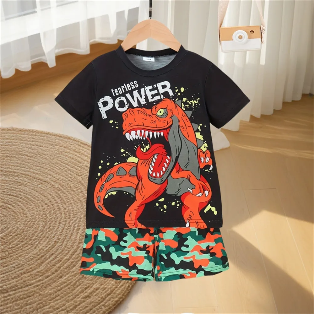 

Boys Kids Outfit Sets Casual Dinosaur Graphic Print Short Sleeve T Shirts Fashion Camouflage Children's Top and Bottom Clothes