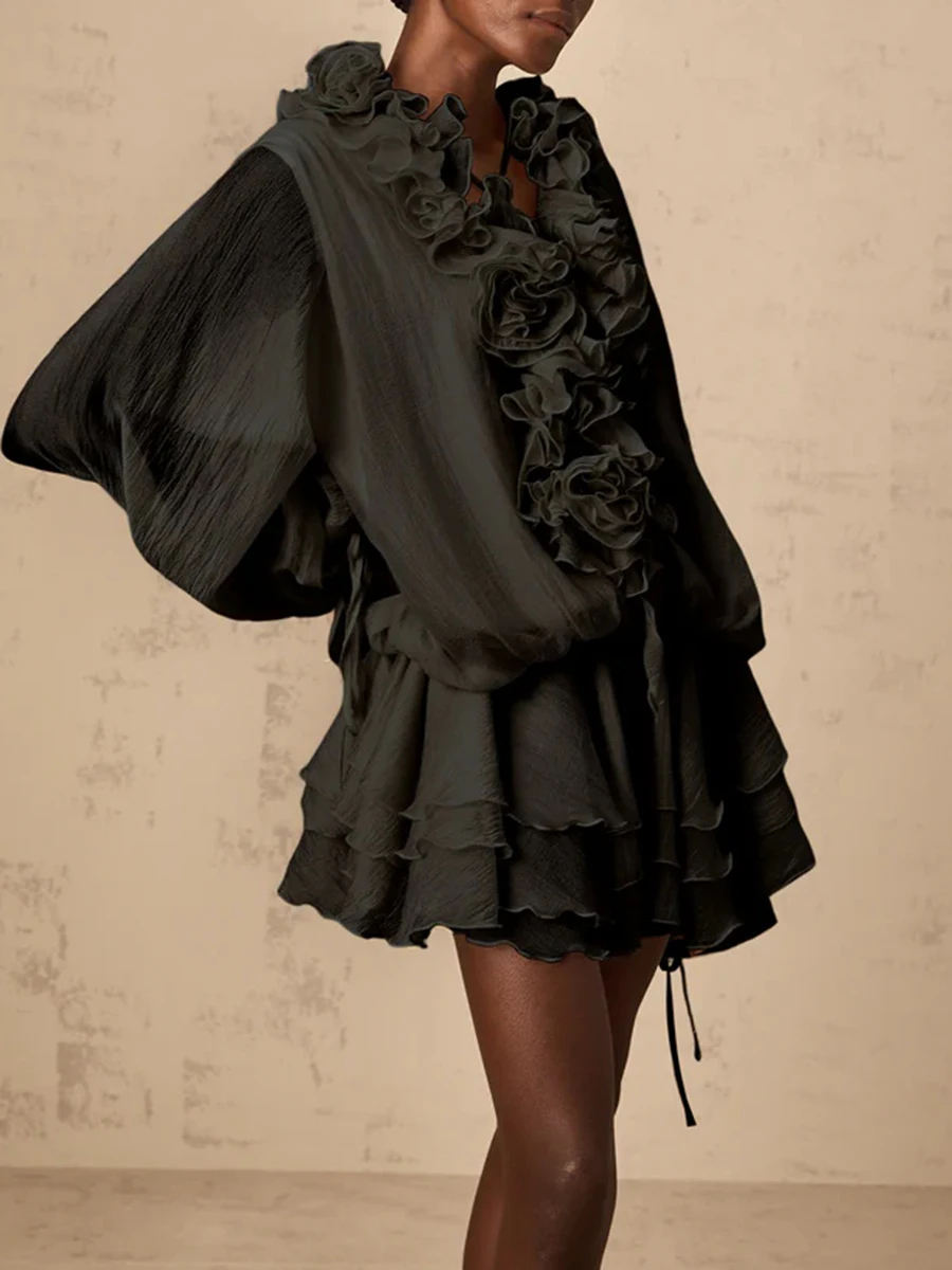 Vgh passarela moda emendado apliques vestido para mulheres com decote em v manga longa pathwork babados estilo doce vestidos em camadas feminino novo