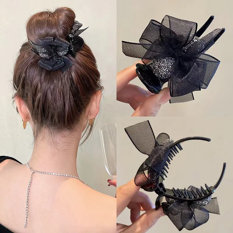 Elegant Mesh Bow Barrette - Versatile Bun Grip for Updo Styles