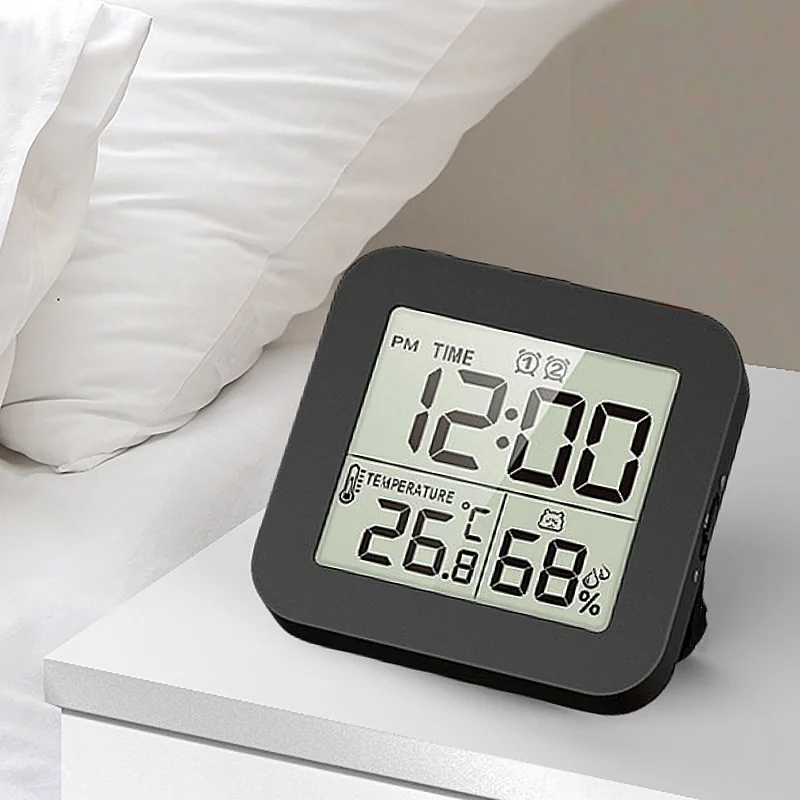 Mini Digital Alarm Clock TEMP Humidity Dual Alarm Timing Countdown Backlight Snooze Table Clock 12/24H Battery Powered LCD Clock