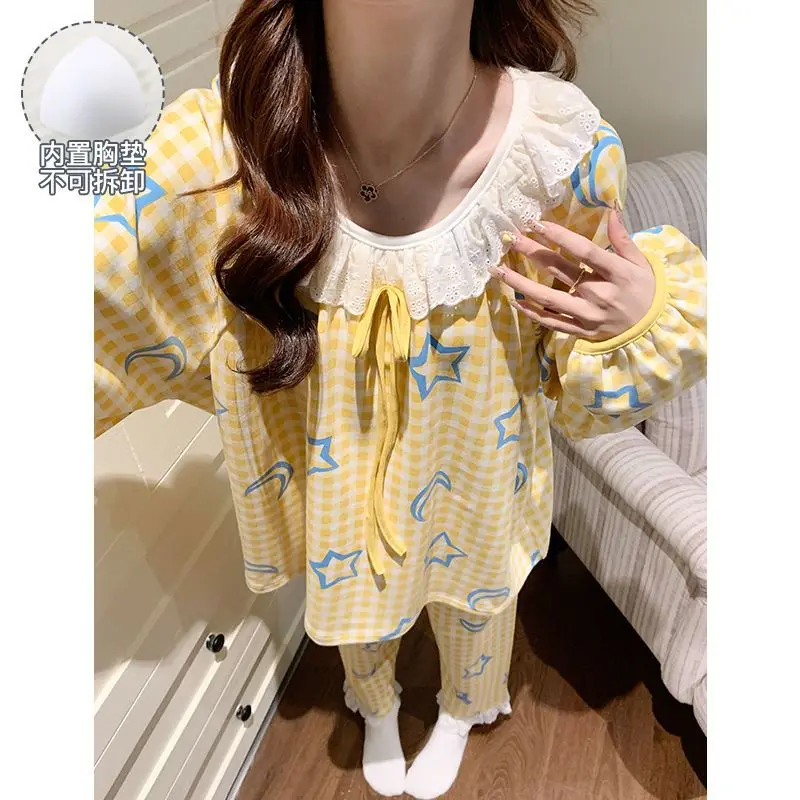

Весенне-осенние женские пижамы, новая модель, желтая сетка, удобная одежда для сна, костюм с длинными рукавами, милая, милая, свободная студенческая домашняя одежда