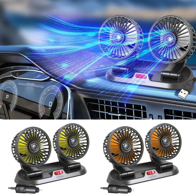 Car Dashboard Fan Dual Head Cooling Air Fan Strong Wind Low Noise 360 Rotation Truck Fan For Vehicles Boat Sedan SUV Auto Home