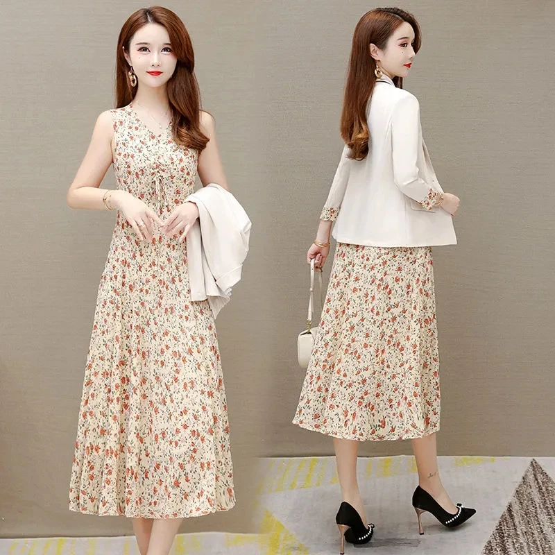 Elegant Floral Dress Suits Fashion 2 Piece Set Women Outfits Casual Thin Chiffon Blazer Jacket And Sleeveless Midi Print Dresses