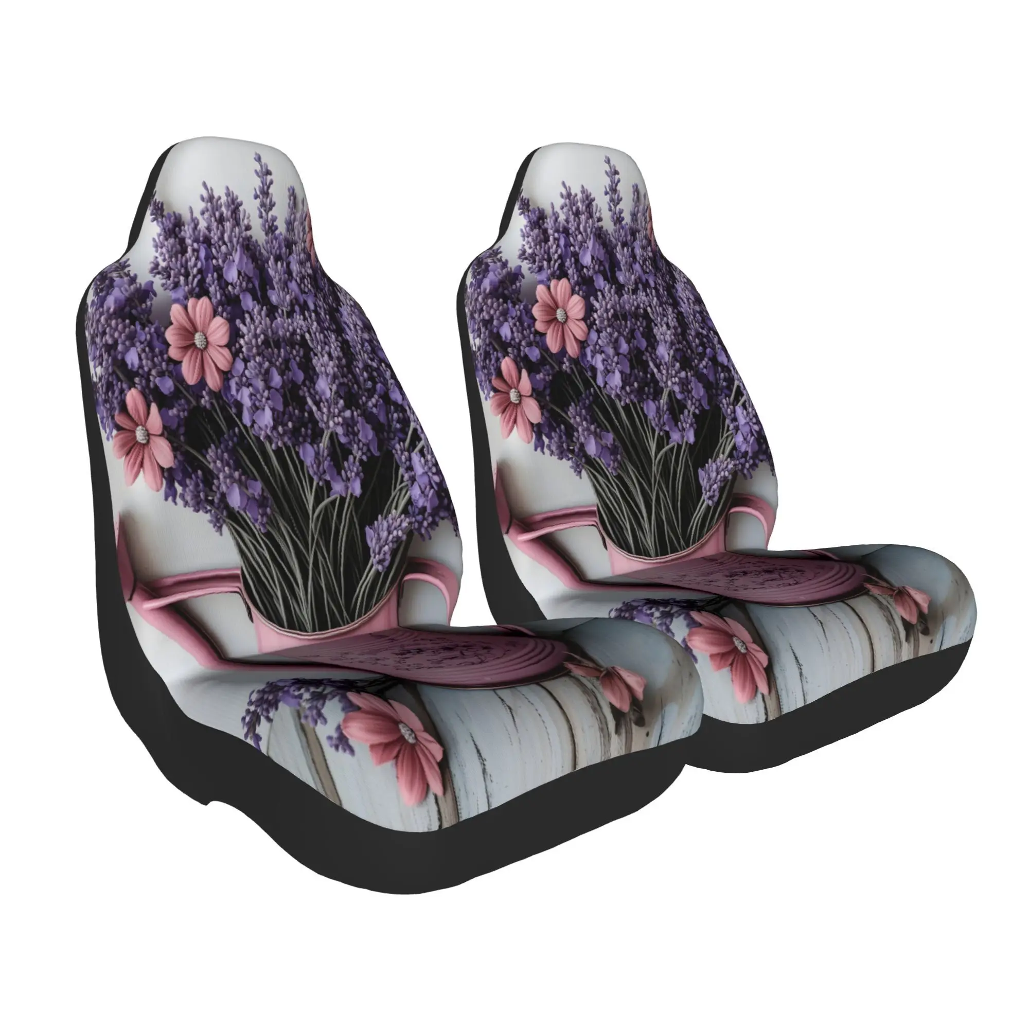 2pcs Lavender Bouquet In Pink Watering Can: Soft Purple And Blush Floral Charm Car Seat Covers | Suitable For SUVs Such As Sedan