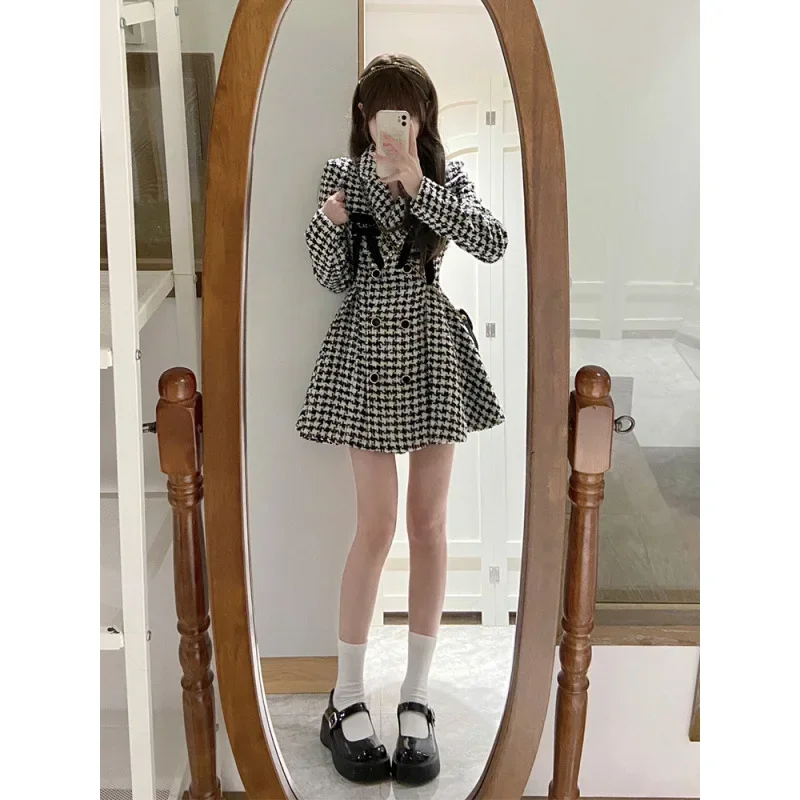 2024 New Style Rich Girl Double Row Button Tweed Jacket Bow Thousand Feeling Thousand Bird Pattern Dress