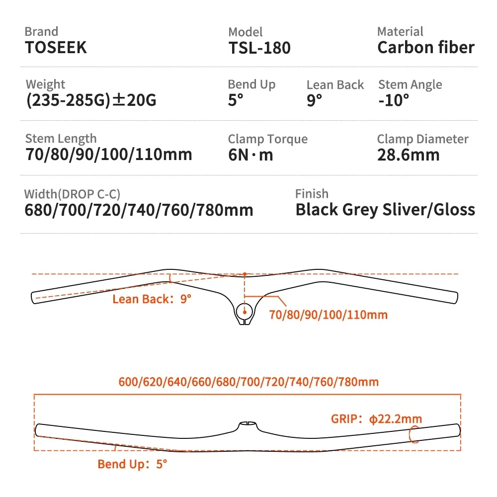 TOSEEK TSL-180 Carbon Fiber Bike Mountain Integrated Handlebar With Stem -10° Bicycle MTB One-shaped Handlebar 28.6mm