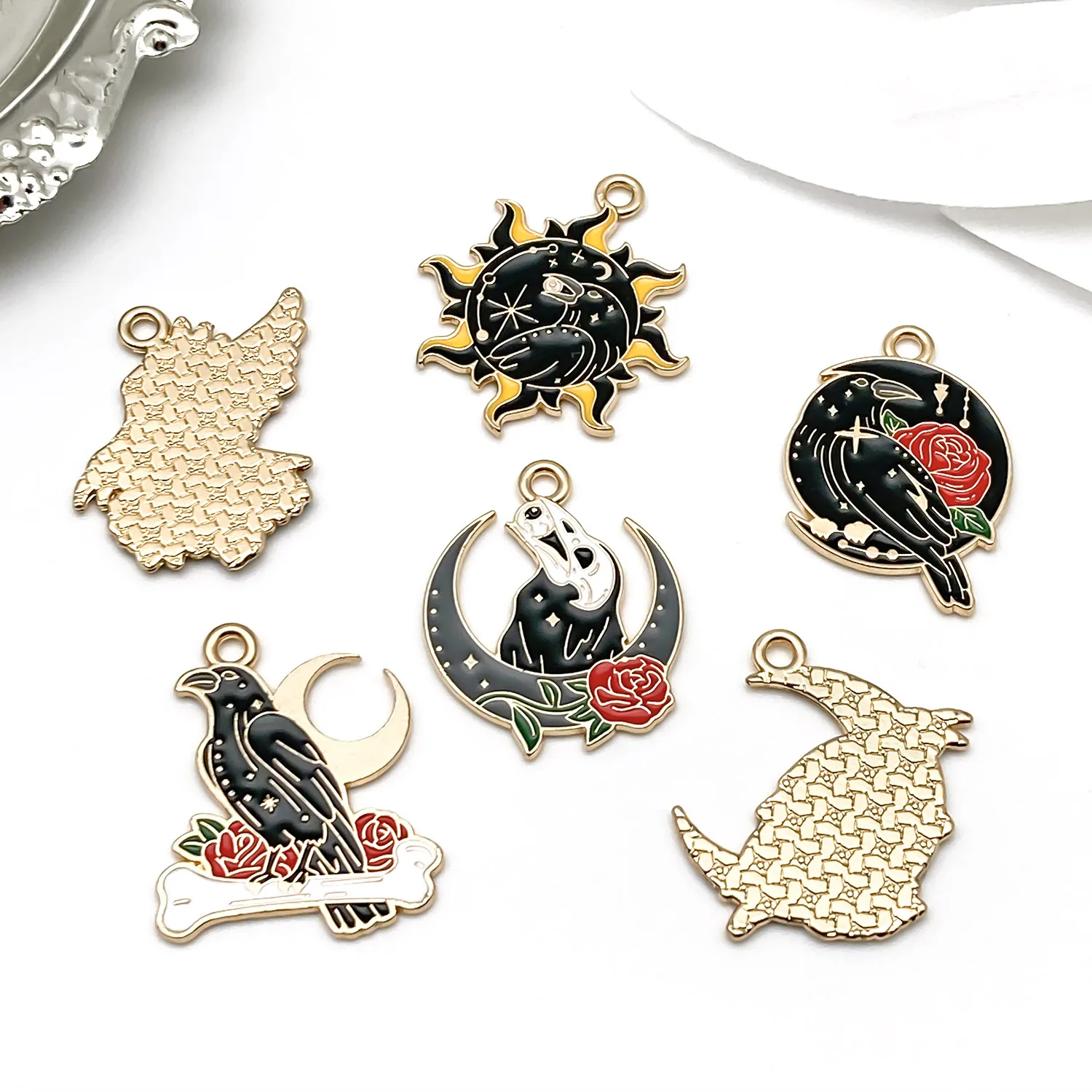 6/10pcs Enamel Punk Gothic Charm Set (Black Ravens, Sun & Moon) – DIY Jewelry Making Kit for Necklaces, Bracelets & Earrings