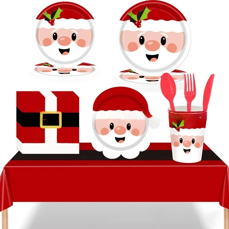 24 stücke Neue Weihnachten Dekorative Geschirr Set Nette Santa Claus Pappteller Pappbecher Tissue Tischdecken Einweg Geschirr