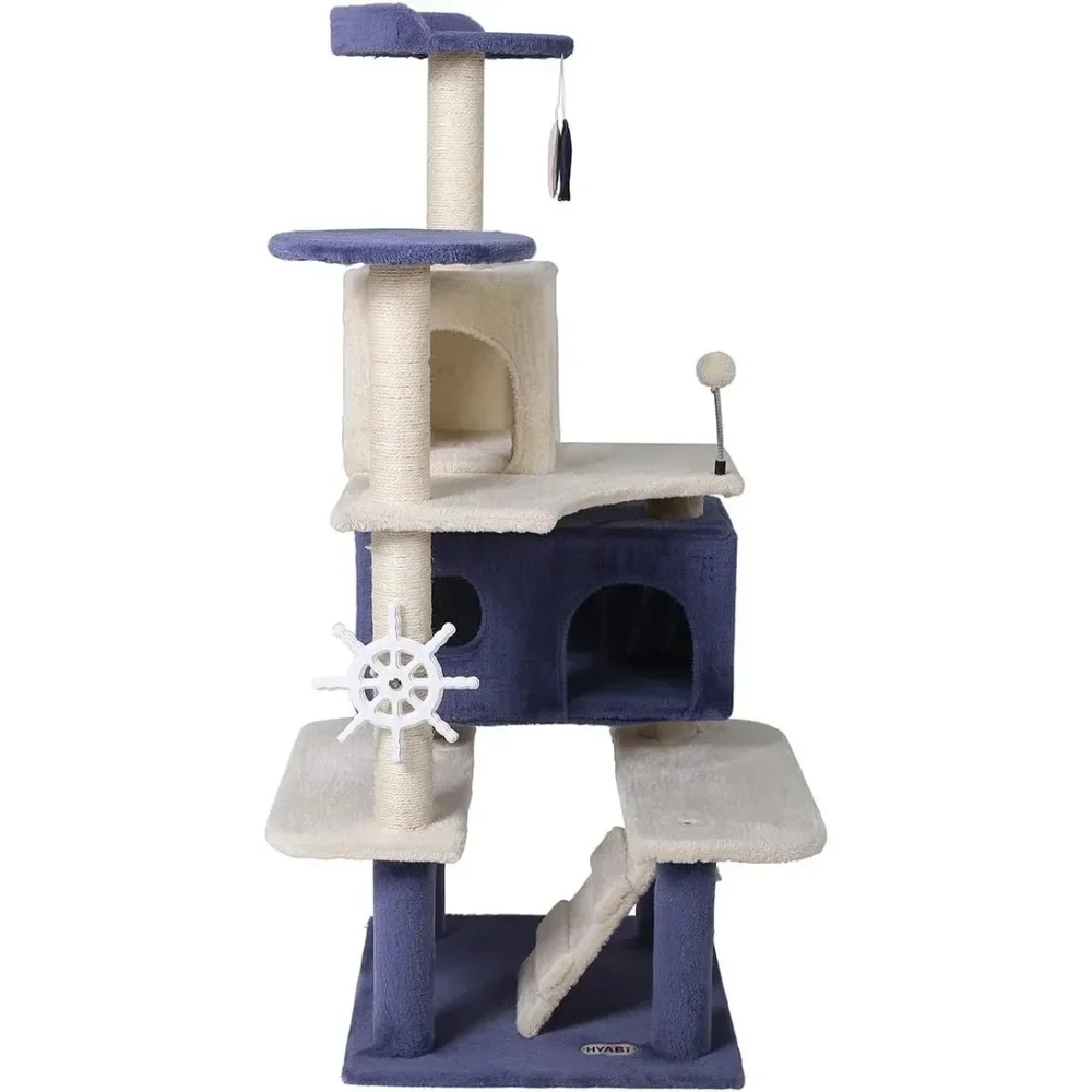 

Cat Tower, 46.8-inch Seaboat Buoy Seagull Cat Tree, Plush Habitat Cat Amusement Platform, Toy Fish Pet House with Grab Rod