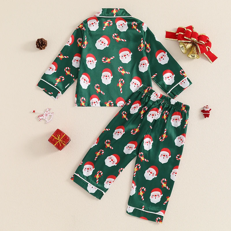 2024-06-21 Lioraitiin Kids Girls Christmas Pajamas Set Santa Claus Print Button up Long Sleeve Shirt and Elastic Pants Sleepwear