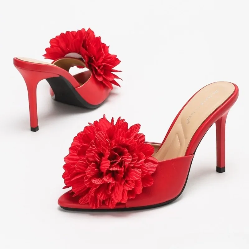 زهرة الموضة عالية الكعب النعال النساء اللمحة تو الضحلة أنيقة الشرائح فستان أحذية الصيف في الهواء الطلق عطلة الصنادل الإناث