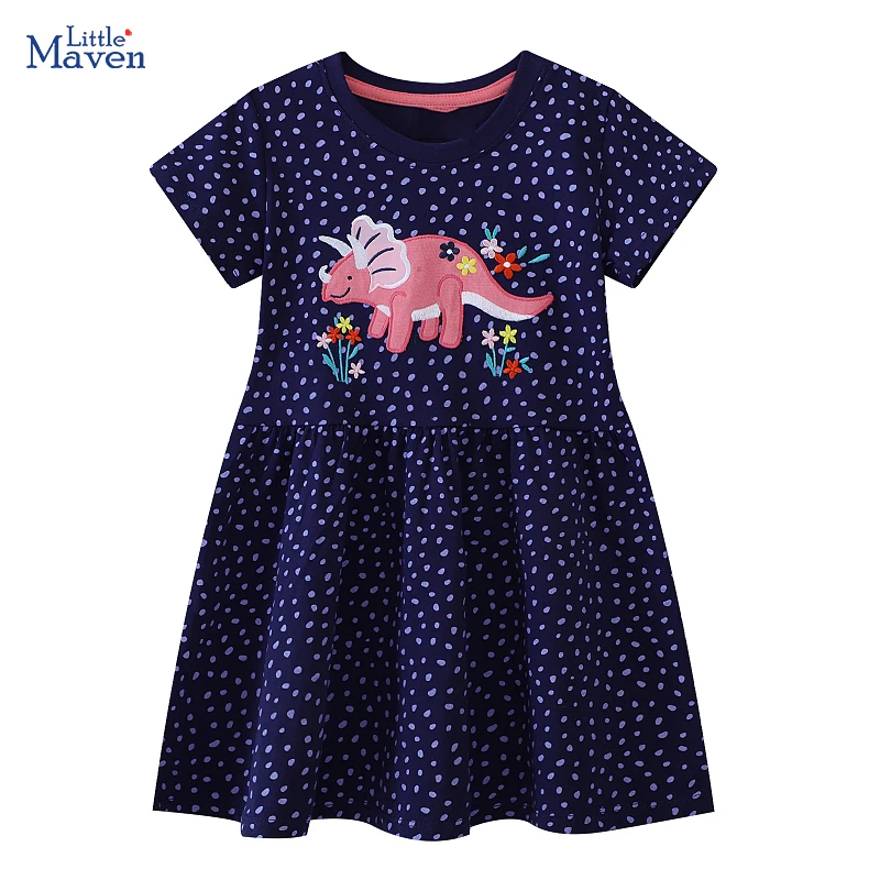 Little maven Europe and America Children's Clothing Cartoon Embroidered Dinosaur Girls Dresses 2-7 Years Kids Clothes Vestidos