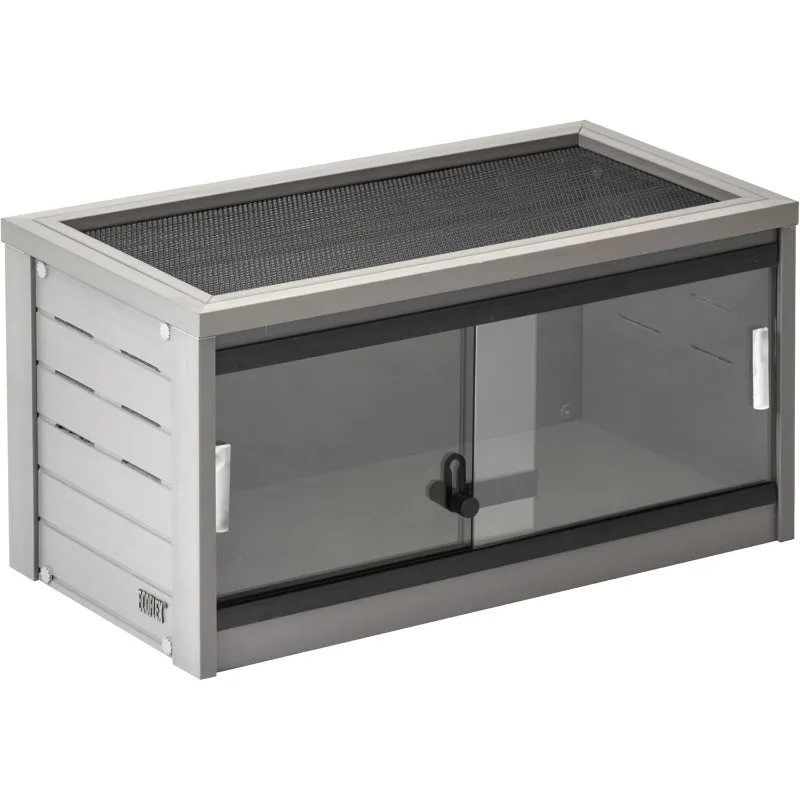 

24-Inch Reptile Lounge in Grey -Durable Wood Plastic Composite Habitat with Ventilated Side Panels,Removable Sliding Glass Doors
