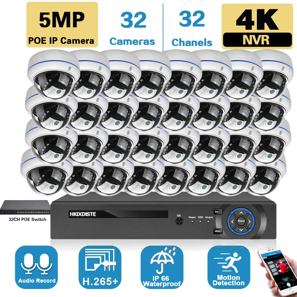 4K 32CH POE NVR Kit Audio Record Home Security Camera System 5MP Outdoor IP Dome Camera Video Surveillance System Kit 32 Channel