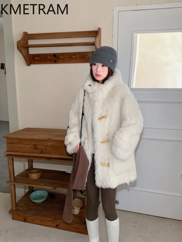 KMETRAM Naturalna Skóra Owcza z Wełną, Płaszcz Damski Średniej Długości, Kurtka z Prawdziwego Futra z Kapturem, Nowość w Kategorii Płaszczy, Zimowa Odzież Damska