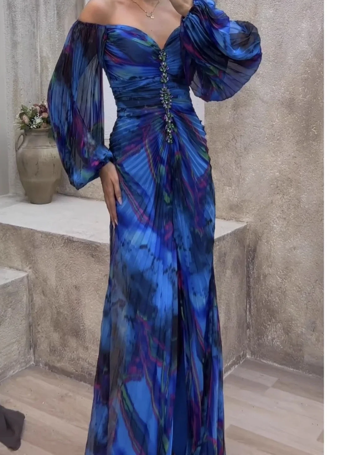 

Sexy Pleated Slit Slim Strapl Dr mid Waist Soft Polyester Spring Summer Long Sve V Ne a Line Single Piece Casual