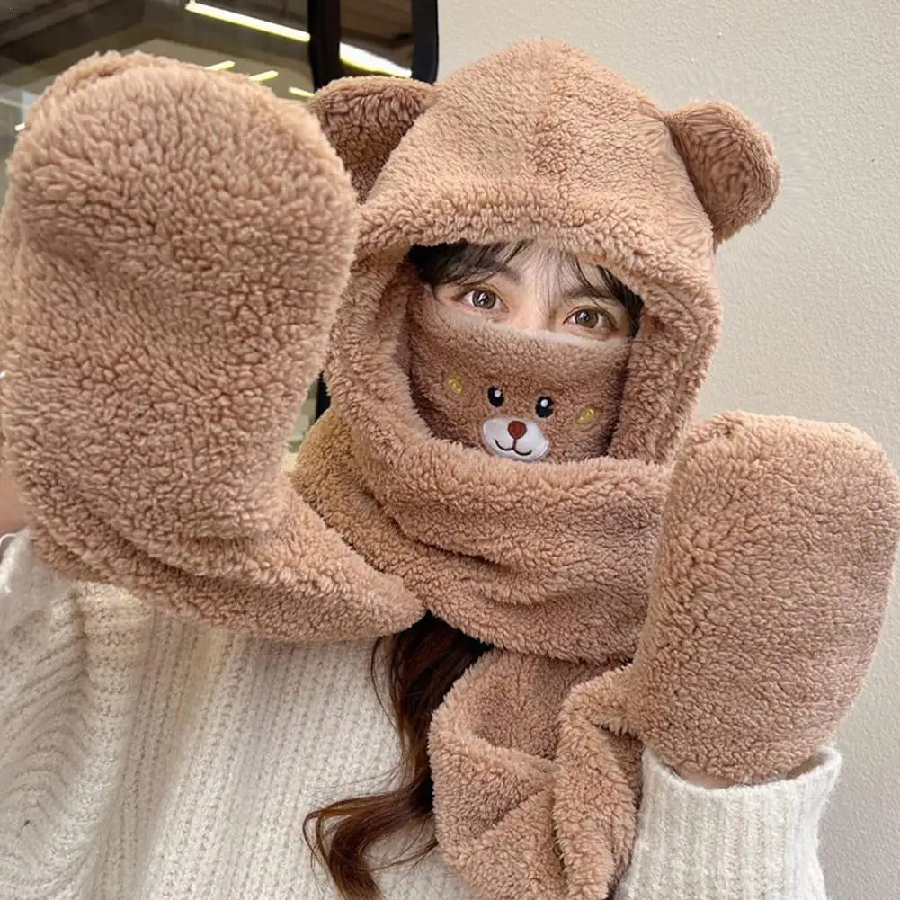 4 in 1 Women Hat Scarf Gloves Set Winter Plush Hat Cute Bear Solid Color Warm Fleece Cap Set Fashion Accessories Girl Gifts