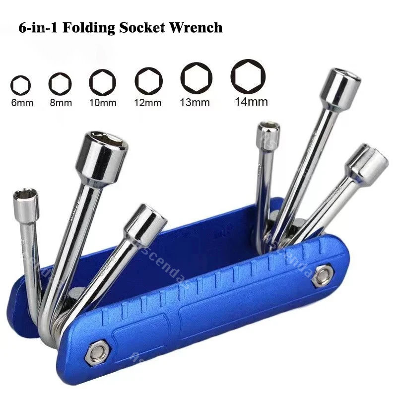 New 6 in 1 Folding Hex Socket Wrench Fix Repair Hand Tools 5/6/8/9/10/12mm Socket Adapter Set Home Car Car Bike