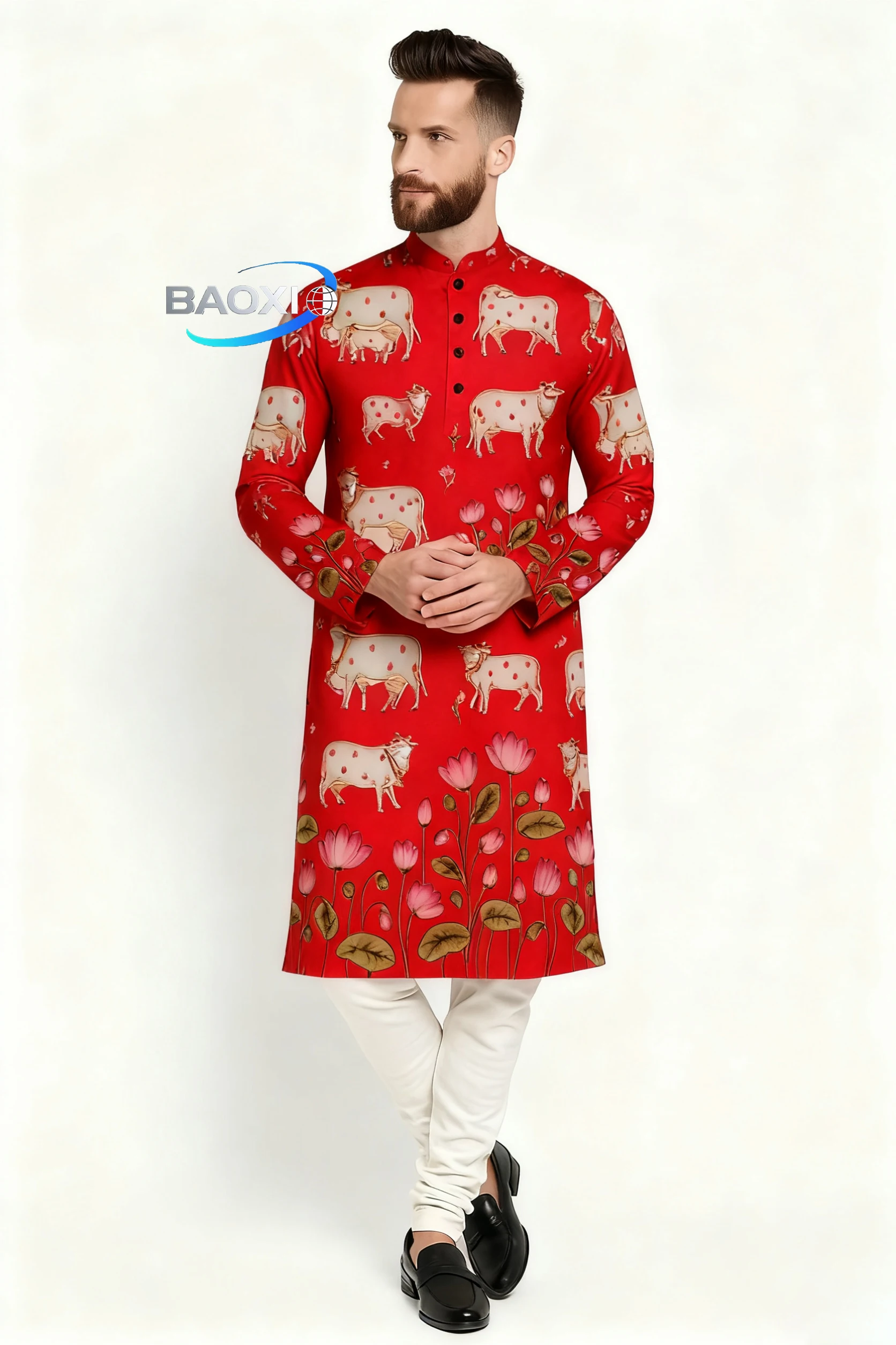 2025 uomo stampato kurta dheha alla moda e confortevole vestibilità colletto alla coreana abito lungo adatto a tutte le occasioni,