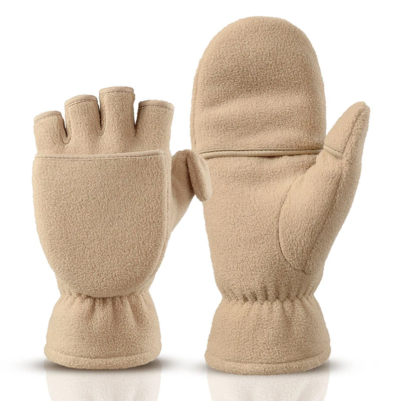 قفازات شتوية دافئة قابلة للطي للرجال والنساء مع تعريض إصبع ذو وجه فيلكرو، قفازات عصرية مقاومة للرياح مبطنة بالصوف السميك