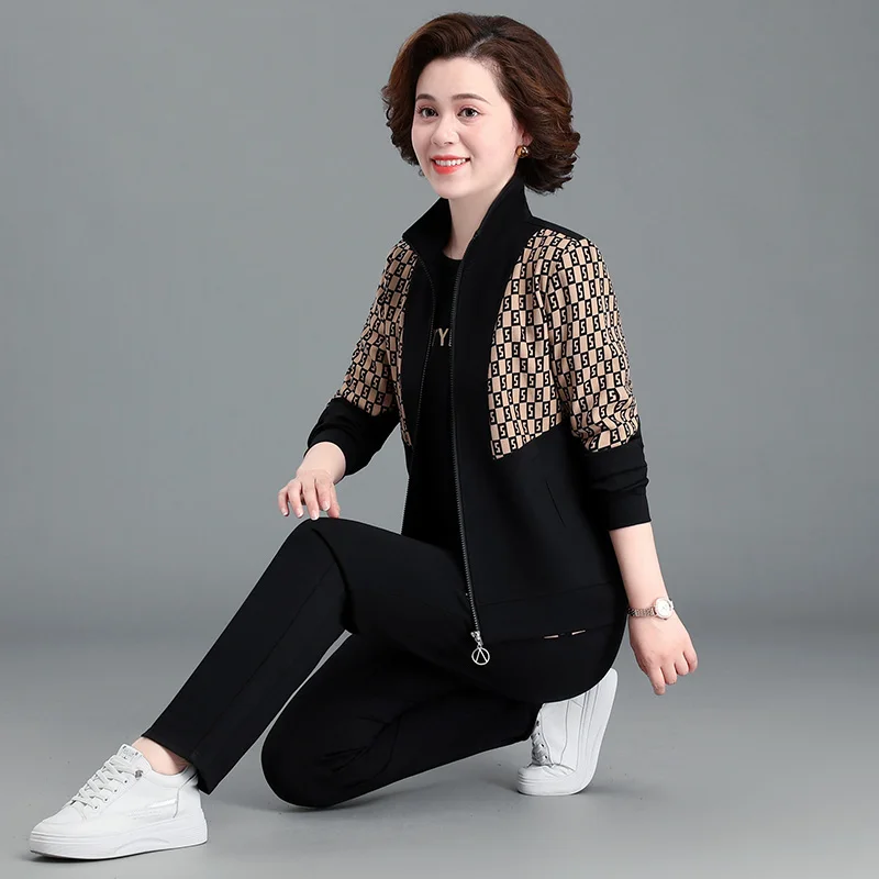 

Свободный женский спортивный костюм для мам, повседневный, осенне-весенний, модный, с длинными рукавами, из смесового хлопка и полиэстера, на молнии