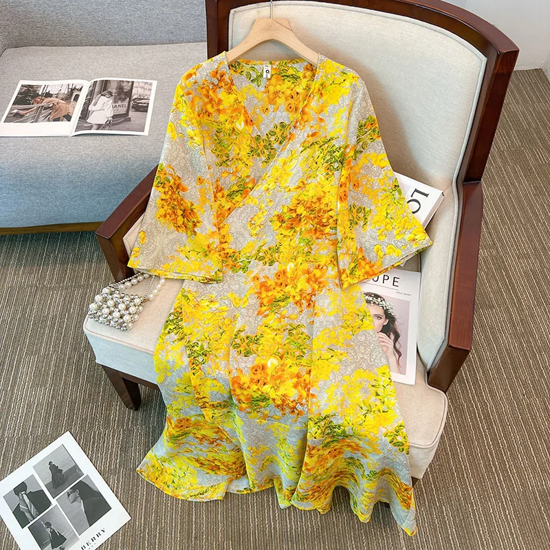 

160Kg Plus Size Women's Bust 160 Summer Loose Romantic Yellow Floral Beach Vacation Dress 6XL 7XL 8XL 9XL 10XL