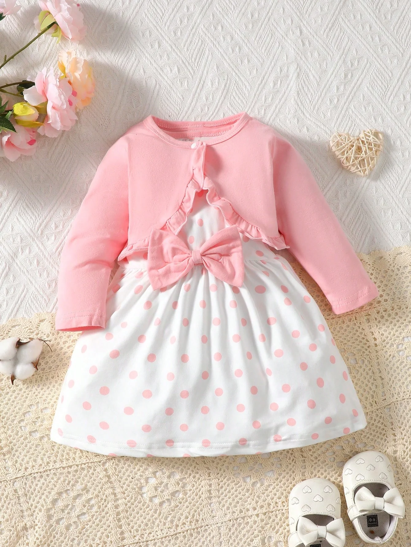 Baby Girl Ruffle Hem Jacket & Polka Dot Print Bow Front Dress