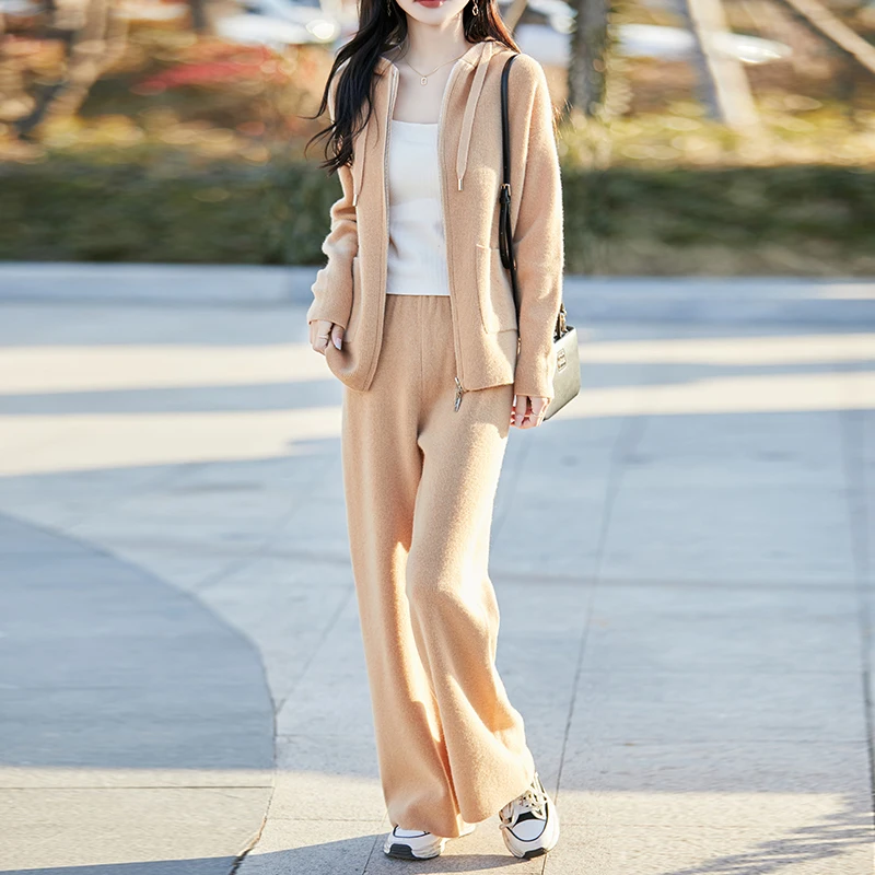 الخريف والشتاء جديد المرأة 100% الصوف الخالص دعوى مقنعين سترة فضفاضة قطعتين حجم كبير محبوك بنطلون
