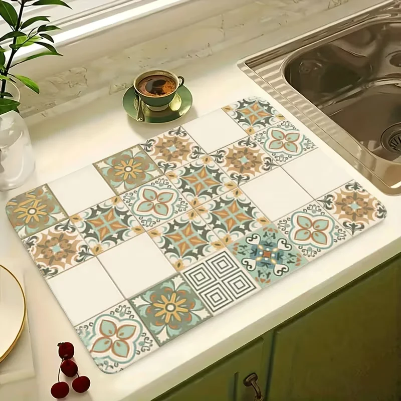 Retro Tile Pattern Dish Drying Mat Boho Moroccan Floral Tile Print Countertop Pad Cup Tableware Draining Decor Mat for Kitchen