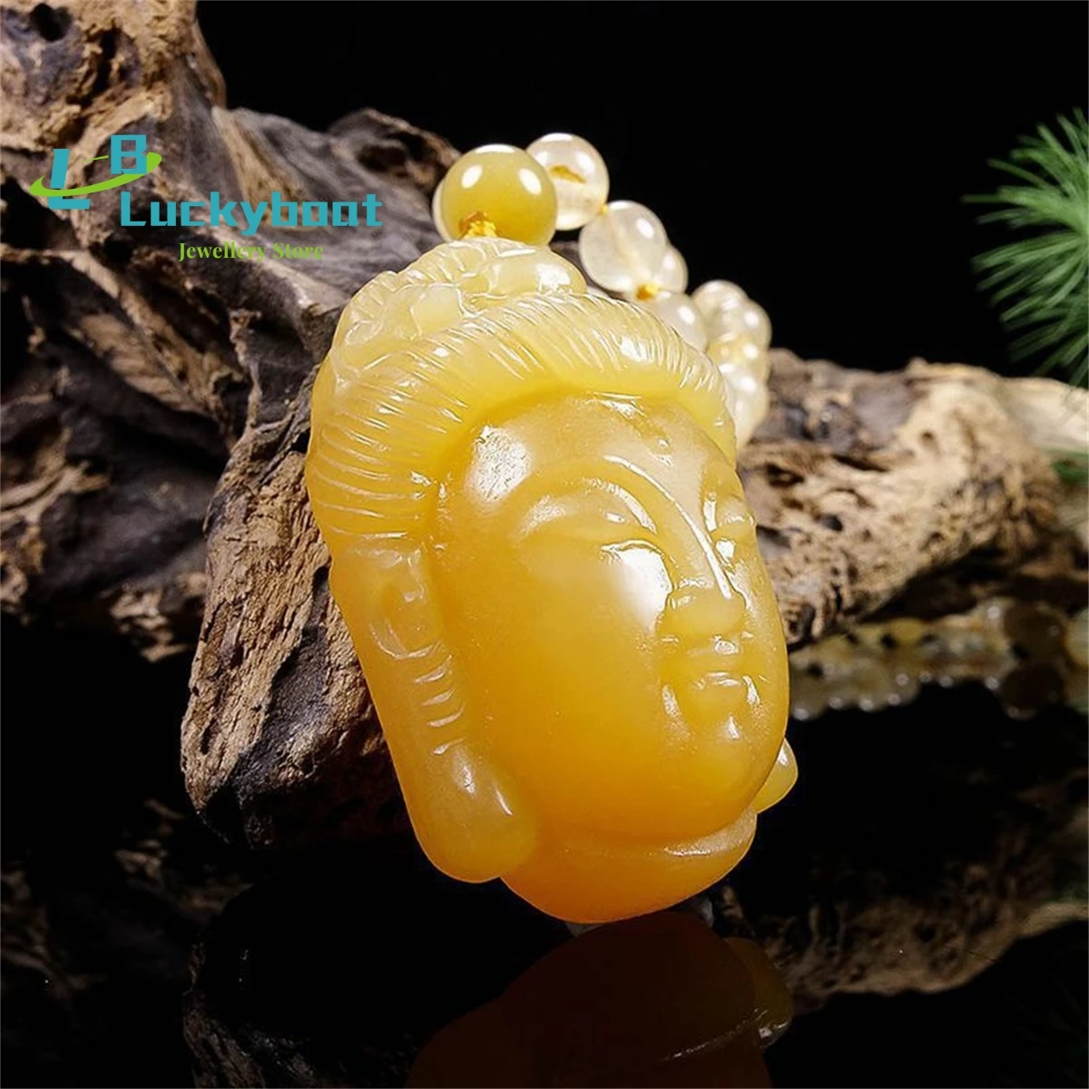 Natural Xinjiang Hotan Golden Silk Jade 3D Guanyin Pendant Chicken Oil Yellow Bodhisattva Head Necklace Men's and Women's Gift