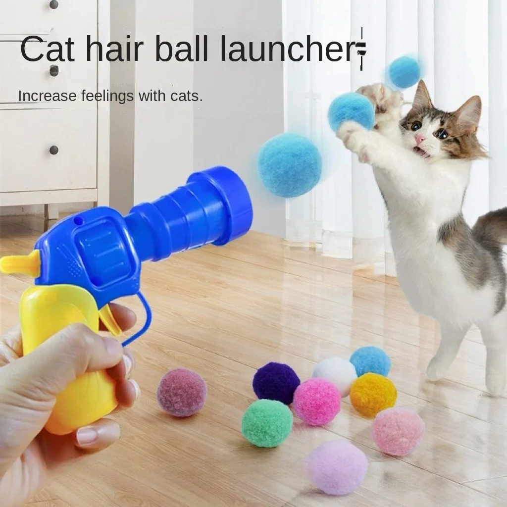 Interactive Launchs Training Toy for Pet Cats Toys Mini Shooting Gun Game Elastic Plush Ball Toy Cats Supplies Products Home