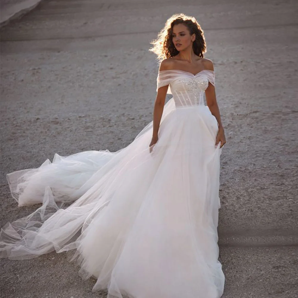 Boho Lace Glitter A-line Wedding Dresses Tulle Off Shoulder Sequins Backless Floor length Bridal Gowns Princess Vestido de novia