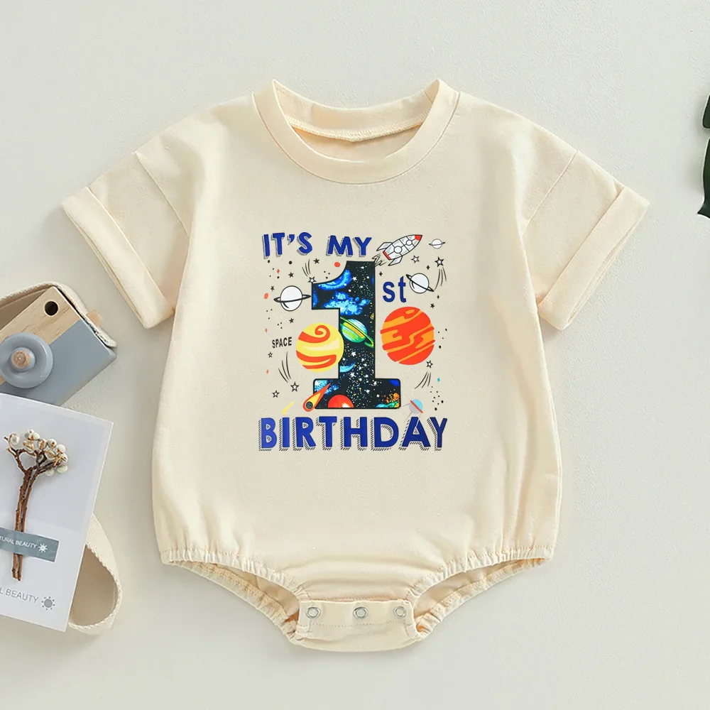 It\'s My First Birthday Print Baby Boy Bubble Romper Short Sleeve Oversized Bubble Bodysuit Birthday Party Infant Clothing