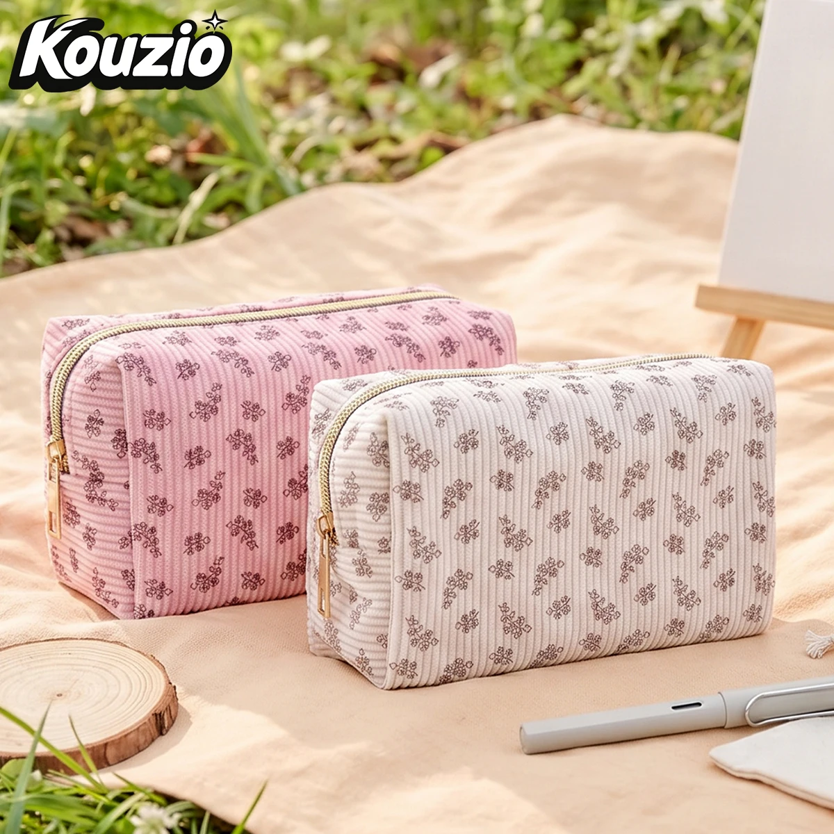 1pc/2pcs Cute Floral Corduroy Pencil Case,Golden Zipper Pen Pouch, Large Capacity Stationery Organizer, Back to School