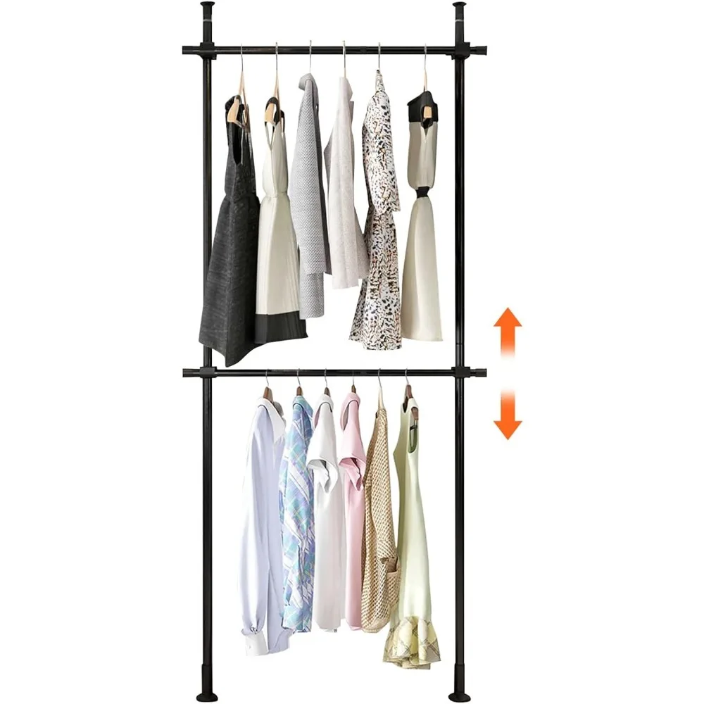 

2 Tier Adjustable Clothing Rack Heavy Duty Floor To Ceiling Clothes Rack Free-Standing Garment Racks for Hanging Clothes