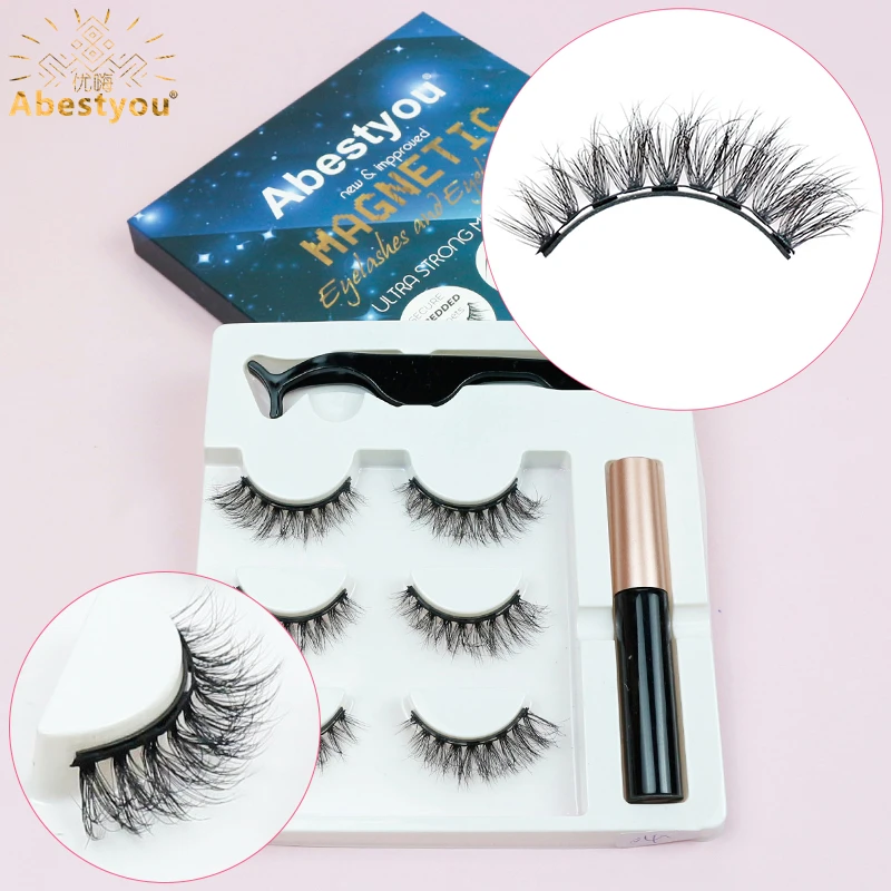 Abestyou 3 คู่ 5d Fluffy แม่เหล็กปลอม Mink Eyelashes Cilios Magneticos Aplicador Delineador ชุด Rehaussement Cil Lash แพคเกจ