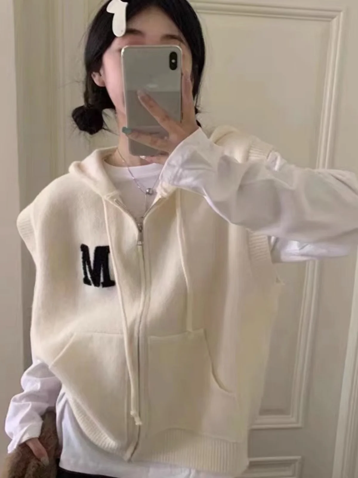 Ceco de punto informal estilo coreano para mujer, top sin mangas con cremallera y capucha, tela mixta, estilo para ir al t...