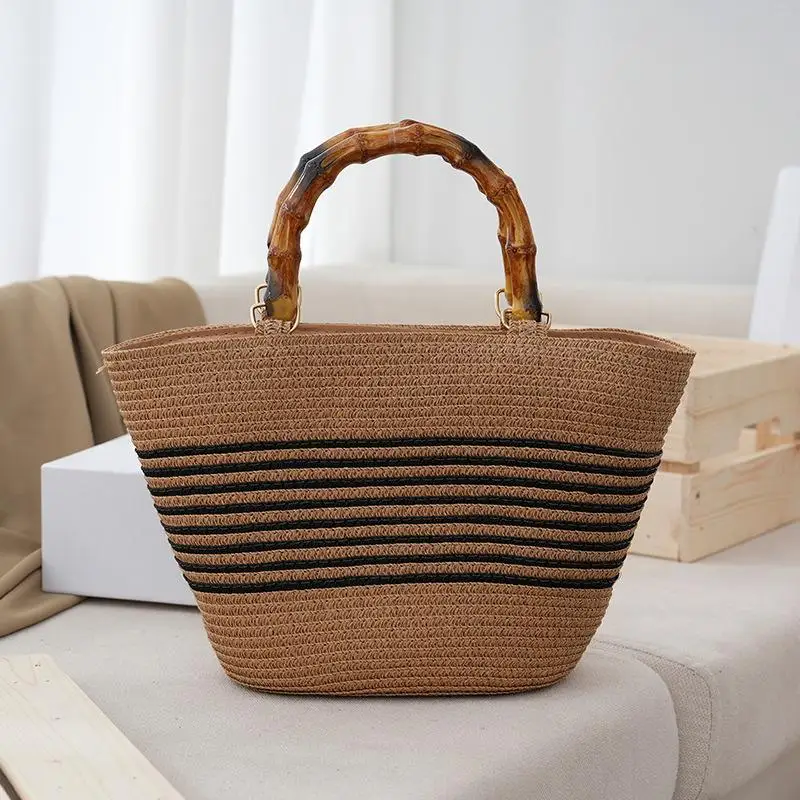 Vintage Straw Paper Rope Top Handle Bags Summer Casual Beach Handbags for Women Fashion Female Wooden Handle Woven Bucket Bags