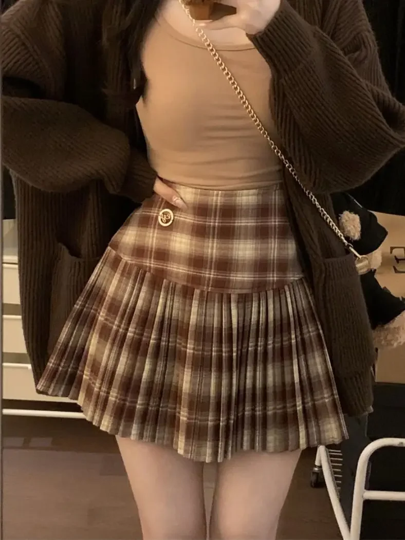 A-line Vintage Brown Short Plaid Preppy Style Spring Summer Women Pleated Skirt Y2k Red Patchwork High Waist Mini Skirt Harajuku