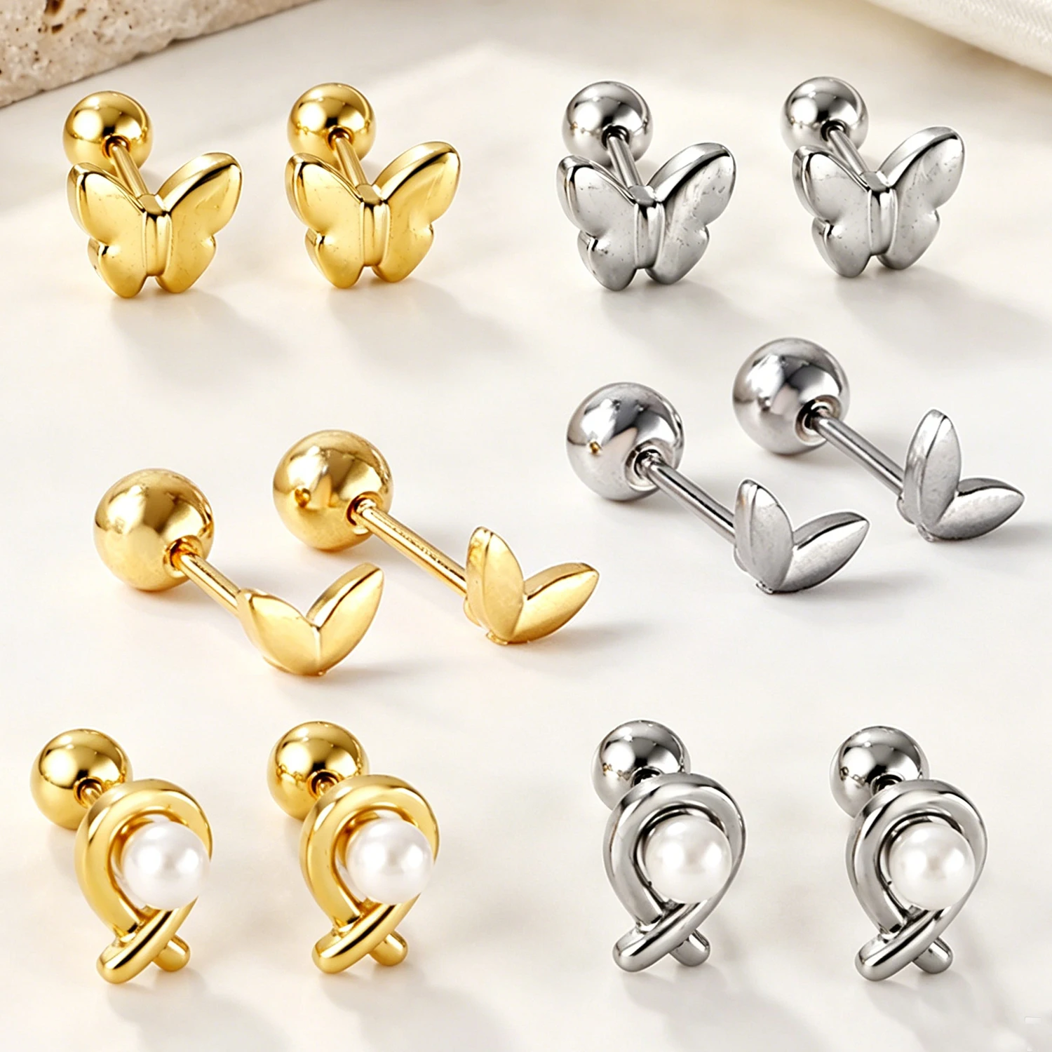 Minimalistische Kleine Ohrstecker aus Edelstahl mit Blatt-, Schmetterlings-, Perlen- und Knoten-Design, Hypoallergener Ohrschmuck für den Alltag