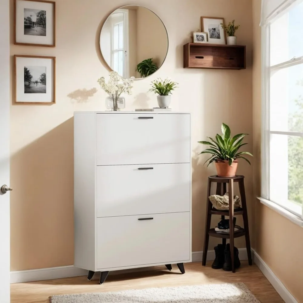 

White Shoe Storage Cabinet Fit Up To Shoe Size 16, Shoe Cabinet with 3 Flip Drawers