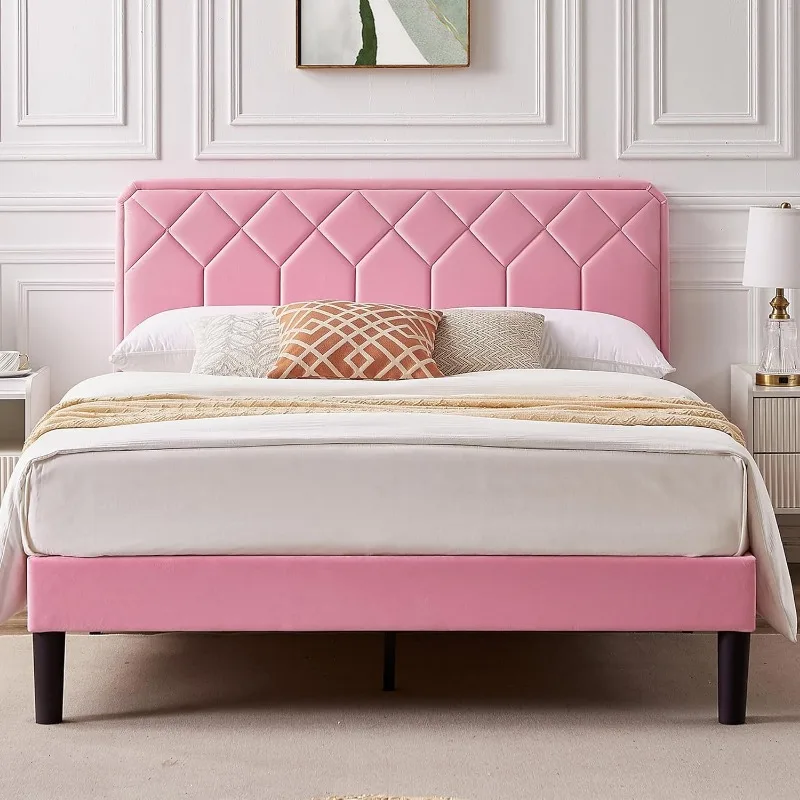 Queen Size Bed Frame Premium Velvet Upholstered Platform with Height Adjustable Headboard/Mattress Foundation, Solid