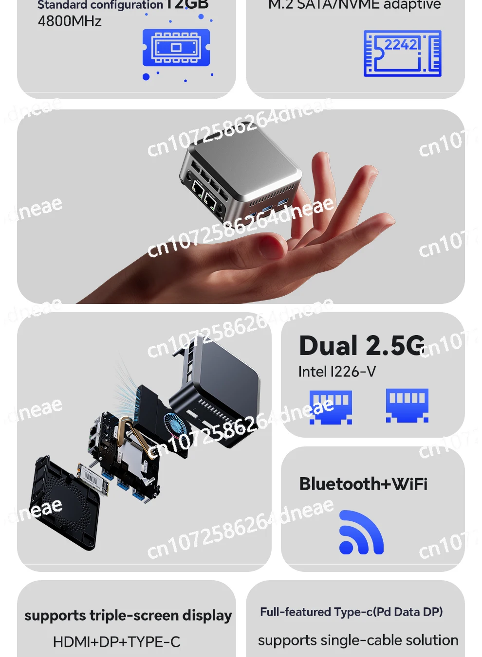 M.2 2242 NVMe SSD 2.5G Lan X2 شاشة عرض ثلاثية الجيب كمبيوتر صغير SZBOX N1 PRO Intel N100/N150 كمبيوتر صغير Windows 11 DDR5 4800Mhz